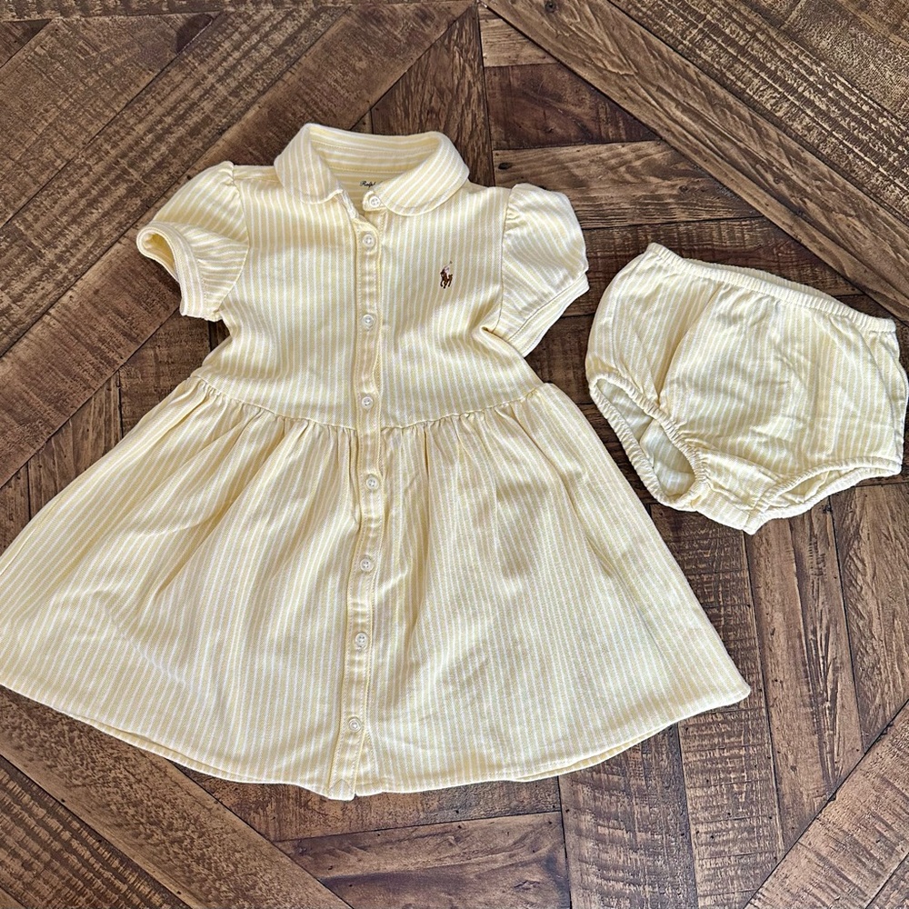 RALPH LAUREN Yellow Striped Baby Dress with Bloomers